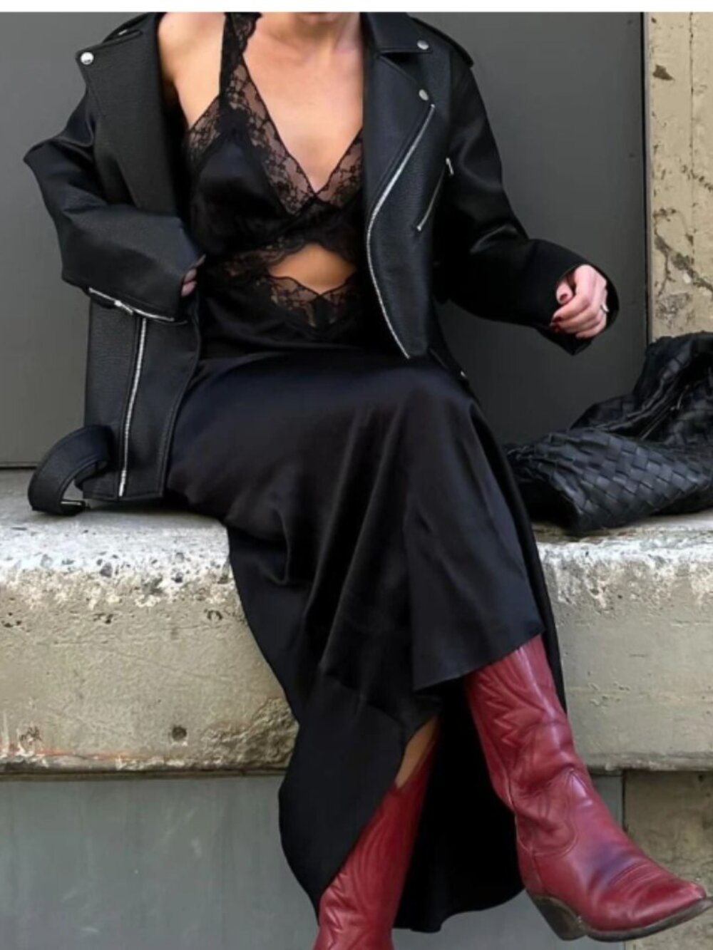 Rumored Black Lace-Trim Satin Maxi Dress